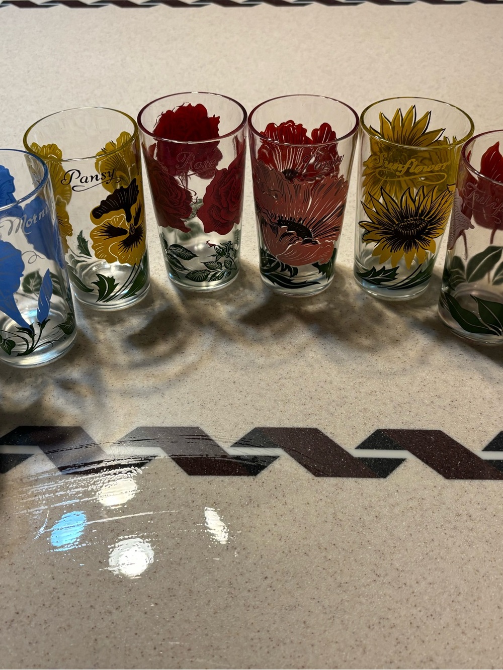 Source Unknown Floral Glass Tumbler Set — Antique 1940’s-1950’s. Hand painted